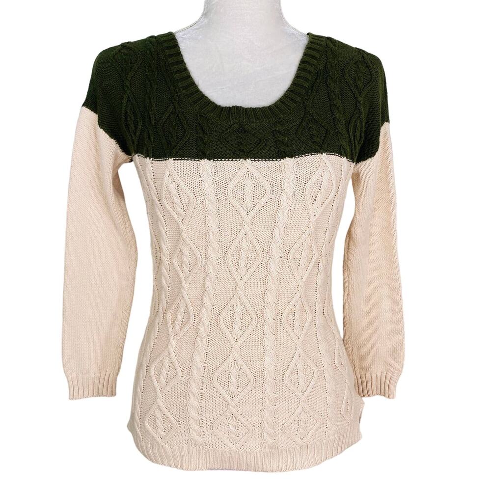 Olive & Oak Sweater S Beige Green Cable Knit Crew